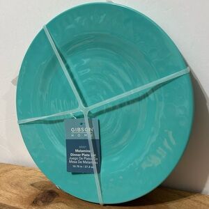 Gibson Home Set of 4 Turquoise Melamine Dinner Plates 10.75” NEW